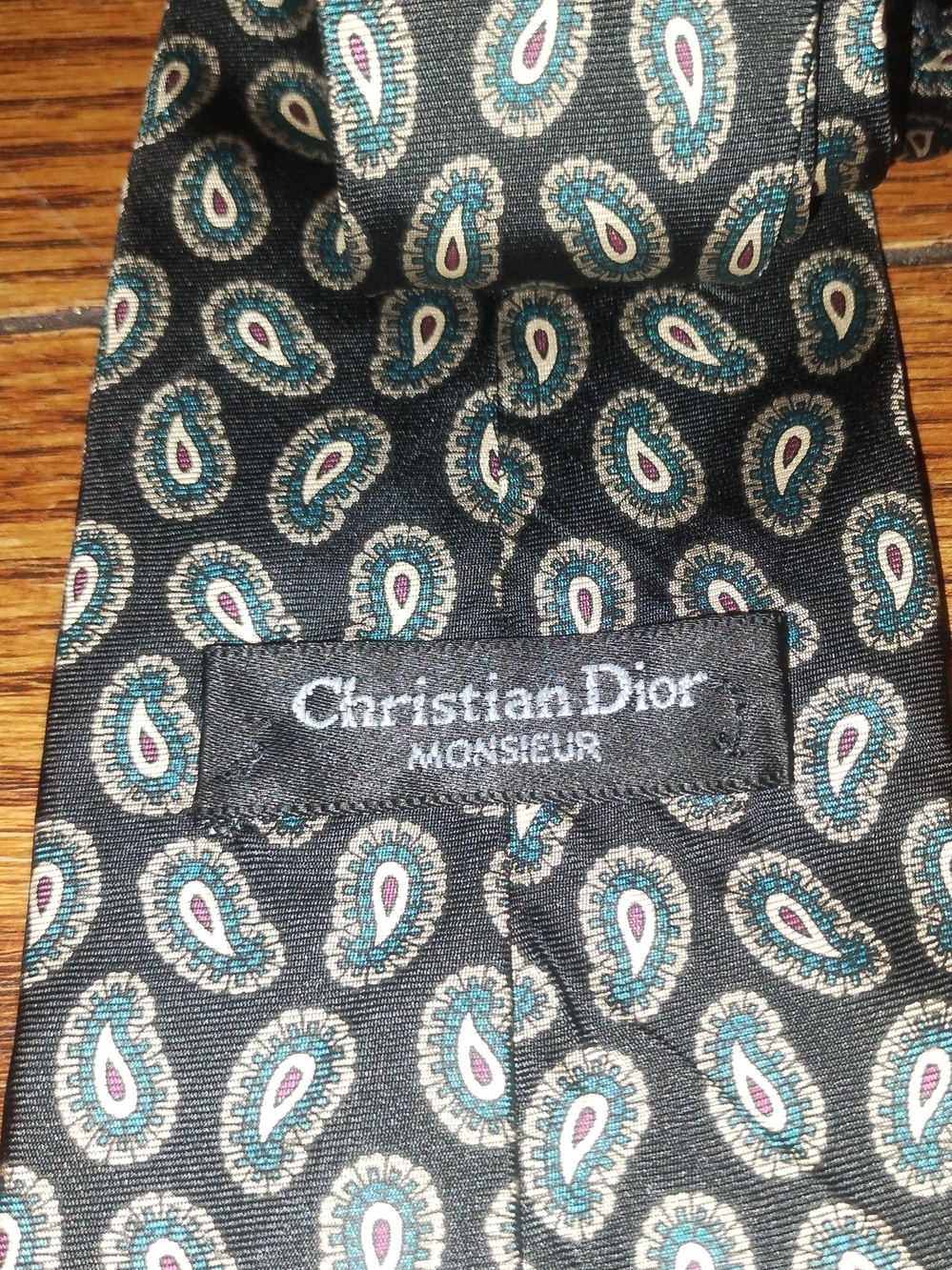Christian Dior MONSIEUR Black Paisley Silk Tie with Teal and Cream Accents - Picture 2 of 5